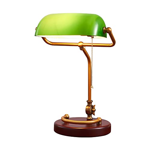 OOWOKS Bankerlampe mit Zugketten Schalter, Bankers Schreibtischlampe mit Stecker und Kabel, Grün Glass Bankers Bürolampe Verstellbare Arm Holz Base E27 Klassisch Retro Schreibtischleuchte von OOWOKS