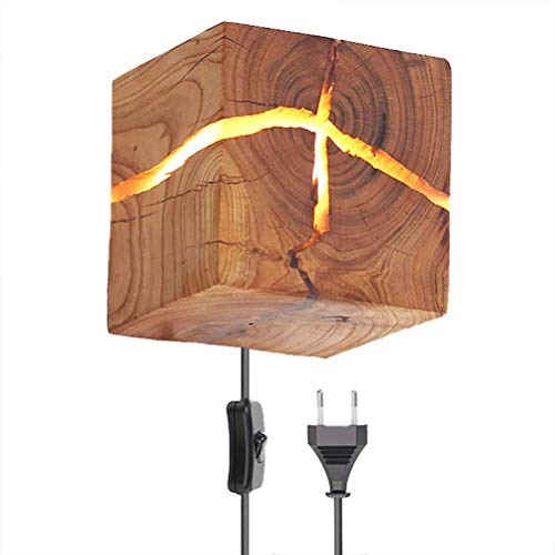 OOWOKS LED Holz Wandlampe Mit Schalter und Stecker, 5W Kreativ Wandleuchte Nachtlicht Warmweiß, Moderne 8cm Quadratische Riss Design Nachttischlampe, für Wohnzimmer Schlafzimmer Flur Treppe Garderobe von OOWOKS