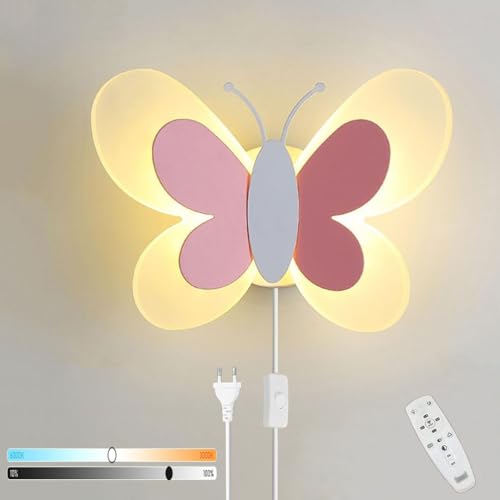 Wandlampe Kinderzimmer mit Stecker Innen Dimmbar Wandleuchte LED mit Fernsteuerung Nachttischlampe mit Kabel Mädchen Kinder Nachtlicht Schmetterling Lampe Wand Schlafzimmer mit Stecker Wandbeleuchtung von OOWOKS