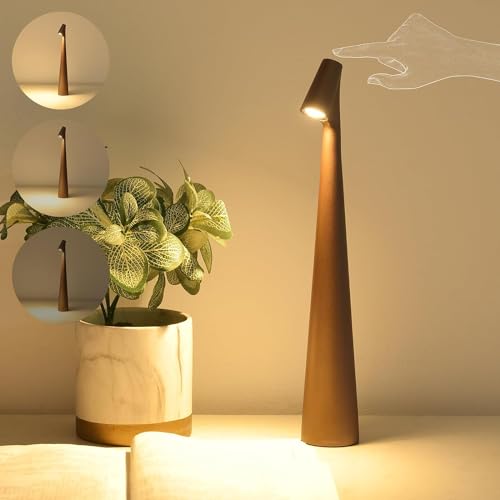 OOWOKS LED Tischlampe Kabellos Dimmbare mit Touch Control, LED Tischleuchte Akku Aufladbar, Tisch Lampe mit Batterie, Wiederaufladbar Tischlampe mit USB, Tragbare Metall Tischleuchte für Innen,Braun von OOWOKS