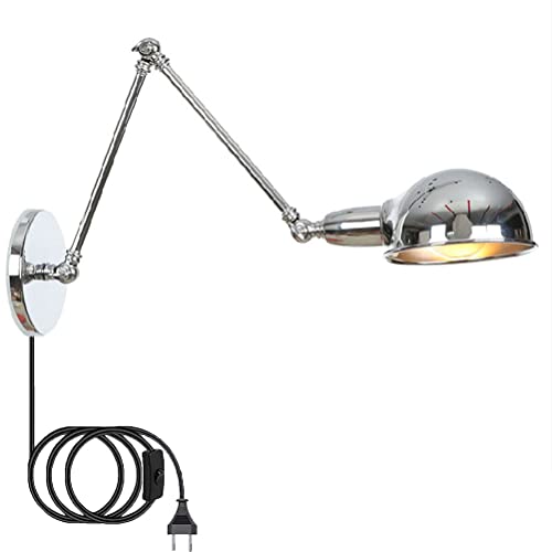 OOWOKS Retro Wandleuchte in Chrom mit Schalter, Schlafzimmer Wandlampe mit Stecker industrial Beleuchtung Wand-Leselampen Schwenkbar Verstellbar Lange Arm Wandbeleuchtung Nachttischlampe Vintage von OOWOKS