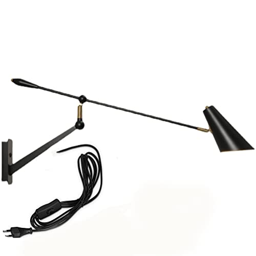 OOWOKS Retro industrielle Wandlampe Leselampe Mit Schalter Verstellbare Metall-Wandbeleuchtung mit langem Arm E27 Innen Wandleuchte Mit 1,6m für Kabel Schlafzimmer Wohnzimmer Arbeitszimmer,Schwarz von OOWOKS
