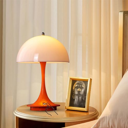 Orange Pilz Tischlampe Kabellos Dimmbare Touch LED Akku Tischleuchte Aufladbar Pilz Lampe Schreibtisch Lampe Acryl Lampenschirm Nachttischlampe Leselampe ohne Kabel für Schlafzimmer Restaurant Bar von OOWOKS