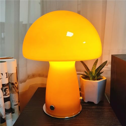 LED Tischlampe Glas Mushroom Lampe Orange Tischleuchte Touch Dimmbar 3 Modi 3000K/4000K/6000K Nachttischlampe mit Kabel Pilz Lampe Wohnzimmer Deko Lampe Pilzform Nachtlicht Schreibtischlampe für BüRo von OOWOKS