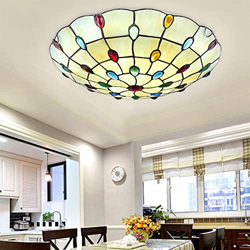 Retro Deckenlampe Schlafzimmer Tiffany Stil Deckenleuchte E27 Tiffany Lampe Wohnzimmerlampe Mit Runde Bunt Juwel Glas Lampenschirm, Klassische Deckenbeleuchtung Flurlampe Decke Esszimmer Lampe,40cm von OOWOKS