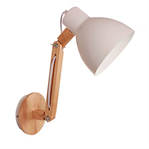 Retro Holz Wandleuchte Innen Verstellbare Schwenkarm Wandlampe Schlafzimmer Nachttischlampe Wand-Leselampen Drehbarer Weiss Metall Schirm E27 Holzlampe Wandleuchtung Für Wohnzimmer Lesen Büro Bücherei von OOWOKS