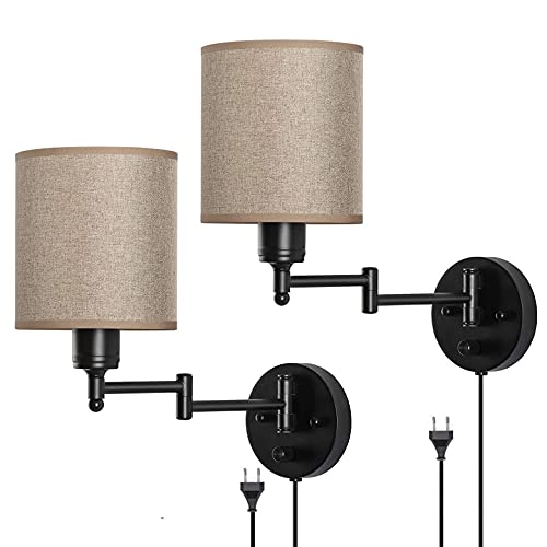 OOWOKS Retro Verstellbare Wandleuchte ​mit Schalter und Stoff Lampenschirm, Schwarz Metall Wandlampe Nchttischlampe mit Stecker und Kabel, Innen E27 Industrial Lampe für Wohnzimmer Schlafzimmer,2pack von OOWOKS