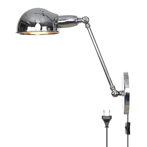 Retro Vintage Wandleuchte mit Schalter und Stecker, Nachttisch Wandlampe mit Kabel Wand-Leselampen Schwenkbar Verstellbar Arm Innen Beleuchtung industrial Wandbeleuchtung Schlafzimmerlampe Chrom von OOWOKS