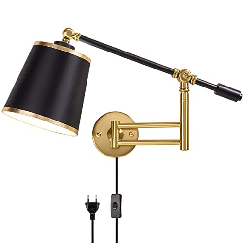 Retro Wandlampe Verstellbar Metall Schwenkarm Wandleuchte Mit Schalter und Stecker, Schlafzimmer Nachttischlampe Wand-Leselampe, E27 Wandleuchtung Mit Kabel, Stoff Schirm, Für Wohnzimmer Flur Büro von OOWOKS