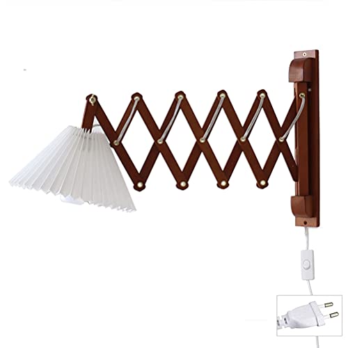 E27 Holz Wandlampe mit Schalter Flexible Leselampe mit Kabel Stecker Holz Scherenlampe Ausziehbare Wandleuchte Verstellbar Scherenarm Ziehharmonikalampe Nachttischlampe Weiß Stoff Schirm Wandleuchtung von OOWOKS