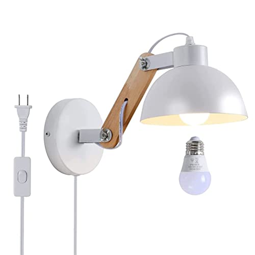Retro Wandleuchte Verstellbar Holz Schwenkbar Drehbar Arm Wandlampe mit Schalter und Stecker Weiß Metall Lampenschirm Wand-Leselampe Bettlampe Innen E27 Industriellelampe für Schlafzimmer Nachttisch von OOWOKS