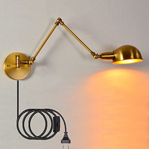 Retro Wandleuchte Verstellbar Langer Arm mit Schalter, Nachttisch-Wandlampe mit Kabel Stecker Wand-Leselampe Schwenkbar Metall Schirm, E27 Vintage Industrielampe für Wohnzimmer Schlafzimmer,30cm+30cm von OOWOKS