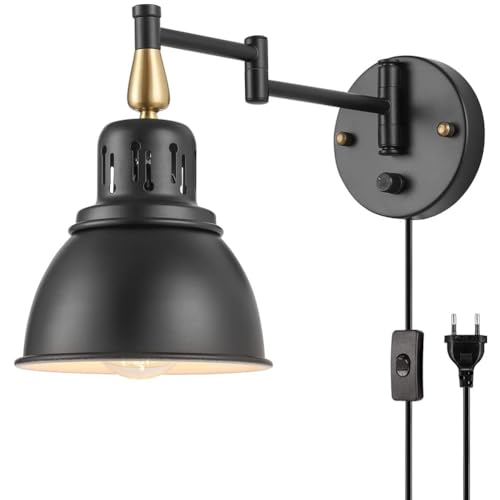 Retro Wandleuchte in Schwarz mit Schalter und Stecker, Industrial Wandlampe mit Kabel Verstellbarer Schwenkarm Nachttischlampe Wand-Leselampen, E27 Flexibel Innen Leuchten für Wohnzimmer Schlafzimmer von OOWOKS