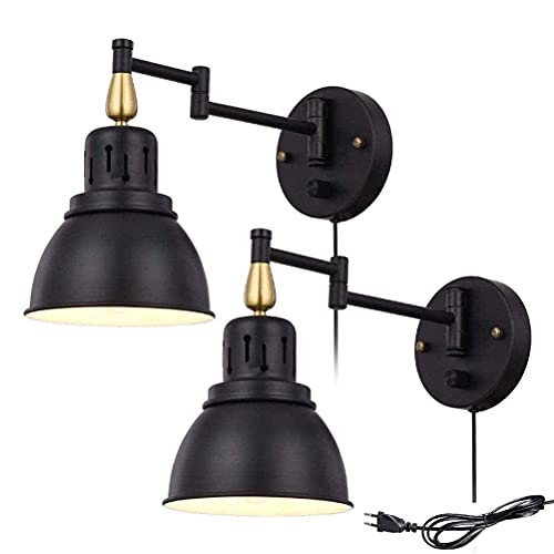 2 Stück Vintage Wandleuchte Innen Dimmbar mit Schalter Wandlampe Einstellbare Schwenkbare 2 Lange Arm Schwarz Industrial Retro Lampe aus Metall Wandmontage E27 Leseleuchte mit Kabel und Stecker von OOWOKS