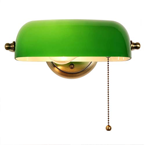 Retro traditionellen Stil Banker Lampe Wandleuchte mit Zugkette Schalter Klassische Bank Wandlampe Green Glass Lampenschirm Leseleuchte Nachttischleuchte für Schlafzimmer Bettseite Lernenleuchte von OOWOKS
