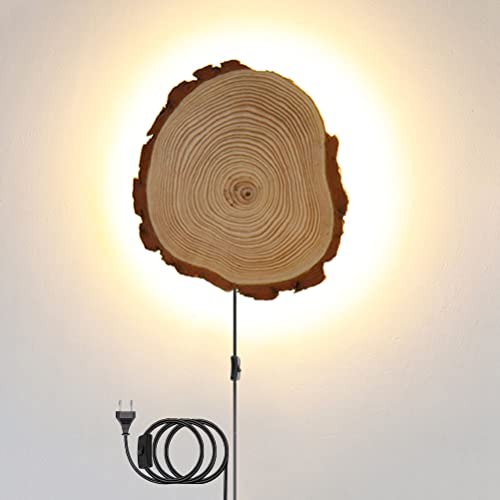 Rustikale LED Wandleuchte mit Schalter und Stecker 12W Holz Wandlampe für Flur Treppenhaus Wandbeleuchtung mit Kabel 3000K warmweiß Innenbeleuchtung Retro Lampe für Schlafzimmer Wohnzimmer Küchen von OOWOKS