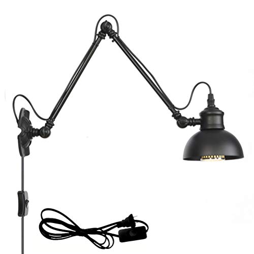 Schwarz Industrial Wandleuchte mit Schalter Retro Innen E27 Wandlampe Wohnzimmer Wand-Leselampen Verstellbar Metall Langer Arm 30+30cm, 1,8 m Kabel mit EU Stecker, für Schlafzimmer Bettseite Büro von OOWOKS