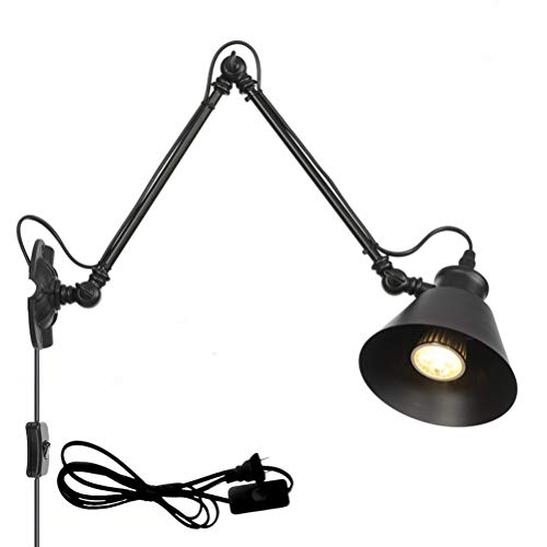 Schwarz Industrial Wandleuchte mit Schalter Retro Innen E27 Wandlampe Wohnzimmer Wand-Leselampen Verstellbar Metall Langer Arm 30+30cm, 1,8 m Kabel mit EU Stecker, für Schlafzimmer Bettseite Büro von OOWOKS