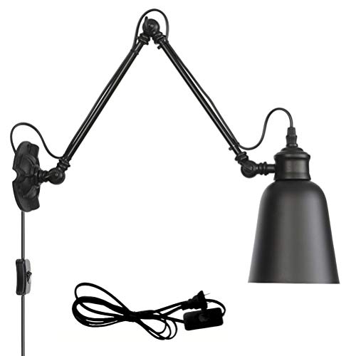Schwarz Industrial Wandleuchte mit Schalter Retro Innen E27 Wandlampe Wohnzimmer Wand-Leselampen Verstellbar Metall Langer Arm 30+30cm, 1,8 m Kabel mit EU Stecker, für Schlafzimmer Bettseite Büro von OOWOKS