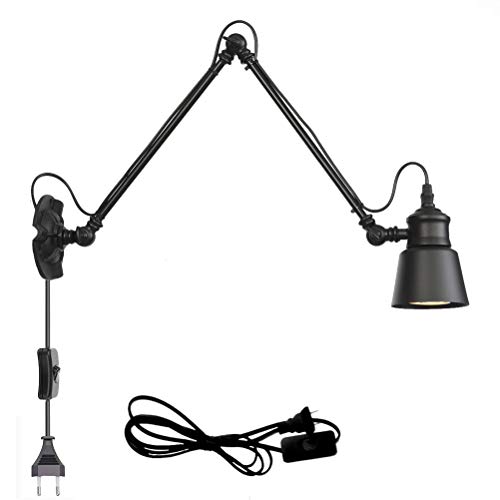 Schwarz Industrial Wandleuchte mit Schalter Retro Innen E27 Wandlampe Wohnzimmer Wand-Leselampen Verstellbar Metall Langer Arm 30+30cm, 1,8 m Kabel mit EU Stecker, für Schlafzimmer Bettseite Büro von OOWOKS