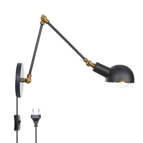 Schwarz Industrie Wandleuchte mit stecker und kabel, Schlafzimmer Wandlampe Verstellbar metall Lange Arm Nachttischlampe Schwarz lampenschirm Wand-leselicht mit schalter E27 Retro innen Beleuchtung von OOWOKS