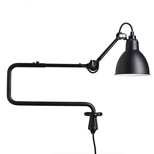 Schwarz Metall Wandlampe mit Schalter, Schlafzimmer Bettlampe Wand-Leselampe Wandleuchte Verstellbar Langer Arm, 1,8 m Kabel mit Stecker, E14 Retro Industrial Nachttischlampe, für Büro Wohnzimmer, von OOWOKS