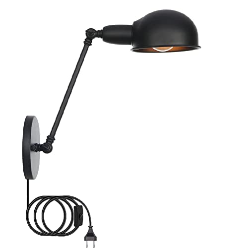 Schwarz Vintage Wandleuchte Mit Schalter, Verstellbare Wandlampe mit Stecker Schwenkbar Metall Lampenschirm Wand-Leselampe mit Kabel E27 Innen Industrialleuchte für Schlafzimmer Wohnzimmer Flur Büro von OOWOKS