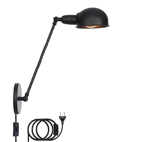 Schwarz Vintage Wandleuchte Mit Schalter, Verstellbare Wandlampe mit Stecker Schwenkbar Metall Lampenschirm Wand-Leselampe mit Kabel E27 Innen Industrialleuchte für Schlafzimmer Wohnzimmer Flur Büro von OOWOKS