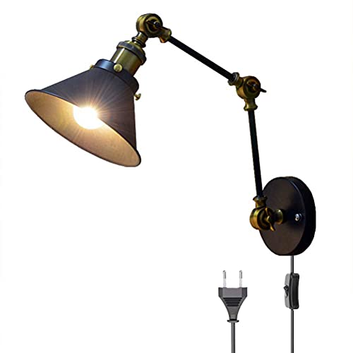 Schwarz Wandlampe mit Schalter, Verstellbar Metall Lange Arm Wandleuchte mit Kabel und Stecker Nachttischlampe Vintage Industriallampe Wand-Leselampe E27 Innen Retro Lampe für Schlafzimmer Wohnzimmer von OOWOKS