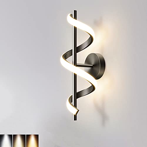 Schwarz Wandleuchte LED Innen Spiral Wandlampe Modern Schlafzimmer Nachttischleuchte Elegant Gebogenes Design Dimmbar 3 Farbtemperatur 12W Wandbeleuchtung für Wohnzimmer Treppen Balkon Flurleuchte von OOWOKS
