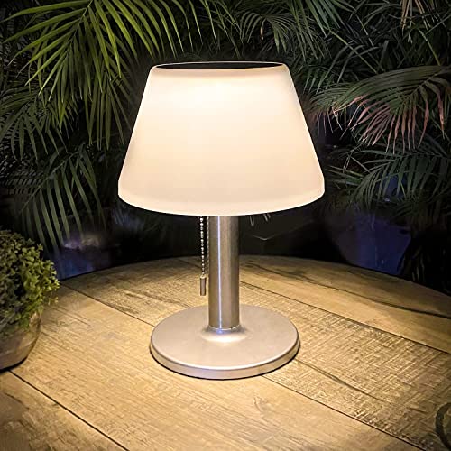 Solar LED Tischlampe Dimmbar mit Zugschalter, Edelstahl Kabellos Tischleuchte Akku 3 Beleuchtungsmodi Außen Wasserdicht Solar-Schreibtischlampe für Innen Schlafzimmer Wohnzimmer Terrasse Garten Cafe von OOWOKS