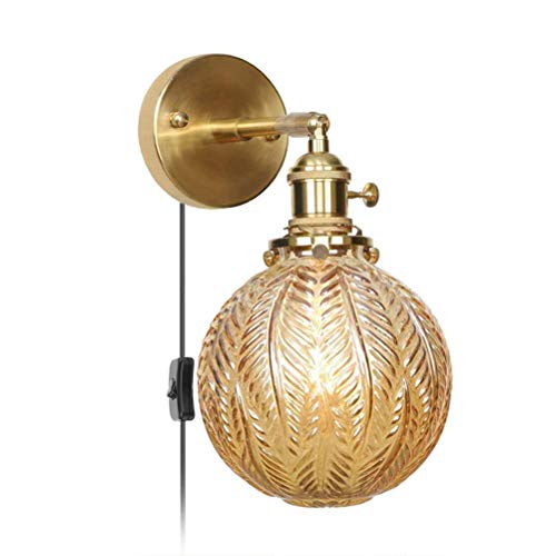 Sphärisch Vintage Wandlampe mit Schalter Industrial Messing Wandleuchte Verstellbar Lange Arm, 1,5 m Kabel mit Stecker, Metall Ball Molekular Glaskugel Lampenschirm E27 Innen leuchtung, Gold-A 01 von OOWOKS