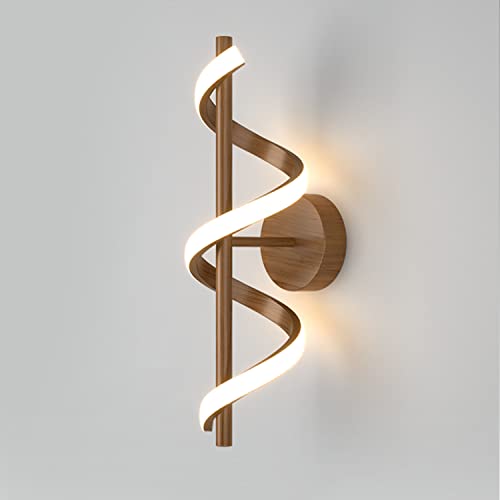 Spirale Wandleuchte Innen Modern 12W LED Wandlampe Holz Nachttischlampe Dimmbar 3 Lichtfarben Holzmaserung Sprühfarbe Design Wandbeleuchtung aus Metall Gebogene Lampe für Wohnzimmer Schlafzimmer Flur von OOWOKS