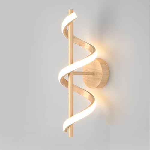 Spirale Wandleuchte Innen Modern 12W LED Wandlampe Holz Nachttischlampe Dimmbar 3 Lichtfarben Holzmaserung Sprühfarbe Design Wandbeleuchtung aus Metall Gebogene Lampe für Wohnzimmer Schlafzimmer Flur von OOWOKS