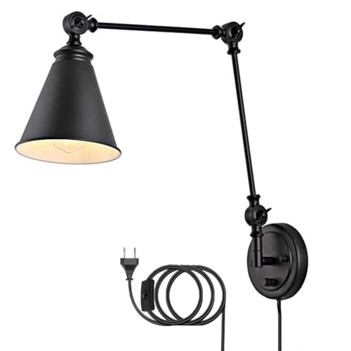 Verstellbarer langer Arm Wandleuchte mit Schalter Dimmbar Wandlampe Schwarz Schwenkbarer Arm Leselampe mit Stecker und Kabel Vintage Industrial Lampe E27 Wandbeleuchtung für Wohnzimmer Schlafzimmer von OOWOKS