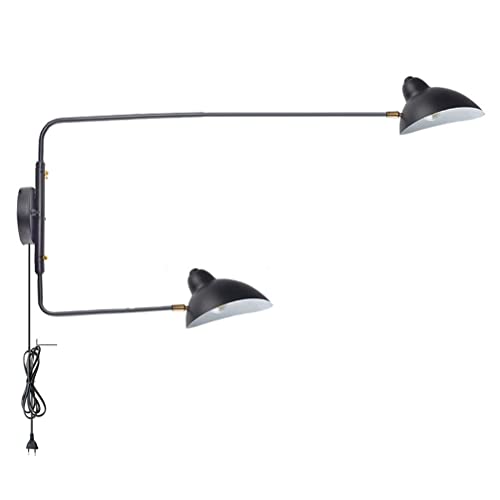 Vintage 2 Flammig Wandleuchte mit Schalter Schwarz Metall Lange Arm Wandlampe Nachttischlampe mit Stecker und Kabel E27 Innen Retro Verstellbar Wand-Leselampen für Schlafzimmer Wohnzimmer Küche von OOWOKS