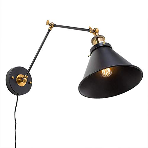 Vintage Industrial Wandleuchten mit Schalter, Schwenkbar Verstellbare Flexible Lange Arm Wandlampe Nachttischlampe Wand-Leselampe mit Stecker und Kabel Schwarz Metall Schirm E27 Innen Beleuchtung von OOWOKS