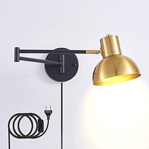 OOWOKS Vintage Wandlampe mit Schalter und Stecker, Drehbar 2 Langer Arm Nachttischlampe Wandleuchte aus Metall in Schwarz/Gold, Schlafzimmer Wand-Leselampe mit Kabel, E27 Wohnzimmer Wandbeleuchtung von OOWOKS