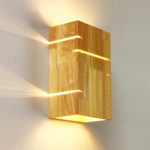 Wandlampe Holz Innen LED Wandleuchte Up Down Beleuchtung Vintage Retro Lampe 3 Lichtfarben 2 x E27 bis max. 60W LED Nachtlicht Holz Wand Lampe für Schlafzimmer Wohnzimmer Hotel Treppe Flurlampe von OOWOKS