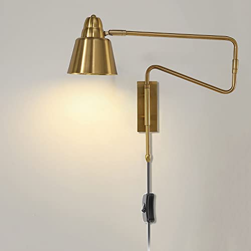 Verstellbar Metall Arm Wandleuchte mit Schalter Gold Industrial Wandlampe mit Stecker Nachttischlampe mit Kabel Wand-Leselampe E27 Fassung Wandspot Einstellbar Schwenkarm Schirm Wandbeleuchtung von OOWOKS