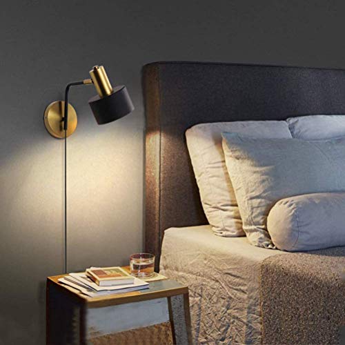 Wandlampe in Schwarz Metall Verstellbare Wandleuchte Innen mit Stecker und Schalter NachttischLeuchte Wand-Leselampe, Mit Kabel E27 Vintage Industrielleleuchte, für Schlafzimmer Wohnzimmer Flur Büro von OOWOKS