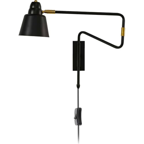Wandlampe mit Schalter Schwarz Innen Wandleuchte Schwenkbar Arm Nachttischlampe mit Kabel Wand-Leselampe mit Stecker Einstellbar Metall Schirm Wandspot Vintage E27 Industrial Wandbeleuchtung Retro von OOWOKS