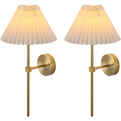 Wandleuchte Innen 2er Set, Gold Wandlampe mit Weißer Stoff Lampenschirm Wohnzimmerlampe, 1 x E27 max 60W Up Down Wandbeleuchtung aus Metall und Textil Modern Lampen für Hotel Schlafzimmer Treppe Flur von OOWOKS