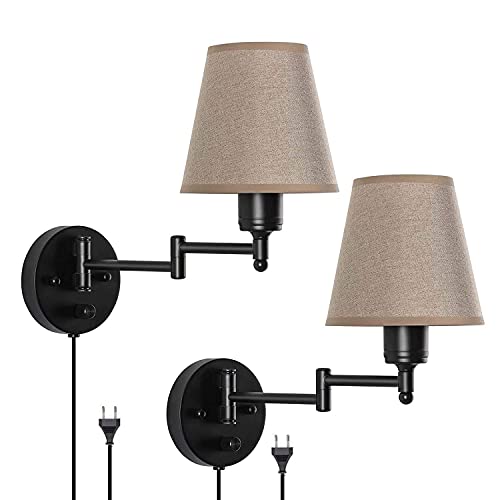 Wandleuchte Schwarz Metall Vintage Einstellbar Schwenkarm Wandlampe mit Schalter, 1,6 m Kabel mit Stecker, Stoff Schirm, E27 Bettlampe Wand-Leselampe für Wohnzimmer Schlafzimmer Flur,2 pack von OOWOKS