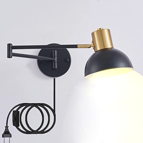 Wandleuchte mit Schalter Drehbar Schwarz 2 Langer Arm Wandlampe mit Kabel und Stecker Schwenkbar Verstellbar Metall Schirm Wandstrahler Schlafzimmer Nachttischlampe Wand-Leselampen E27 Wandbeleuchtung von OOWOKS