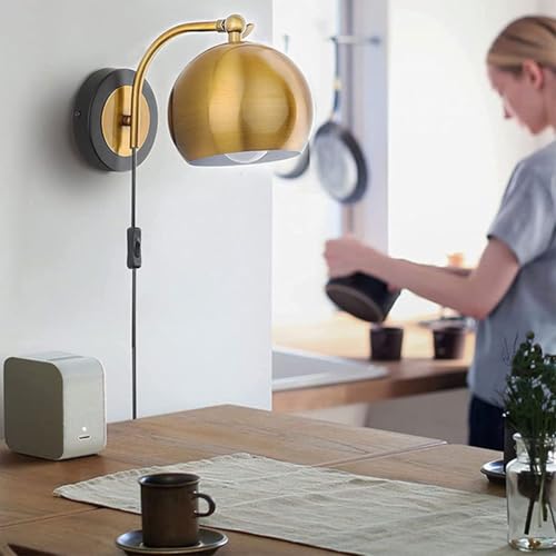 Wandleuchte mit Schalter und Stecker Vintage Kugeln Wandlampe mit Kabel Drehbar Wandstrahler Verstellbar Industrial Retro Lampe Wandspot Schwenkbar Metall Schirm Gold Nachttischlampe Wand Leselampe von OOWOKS