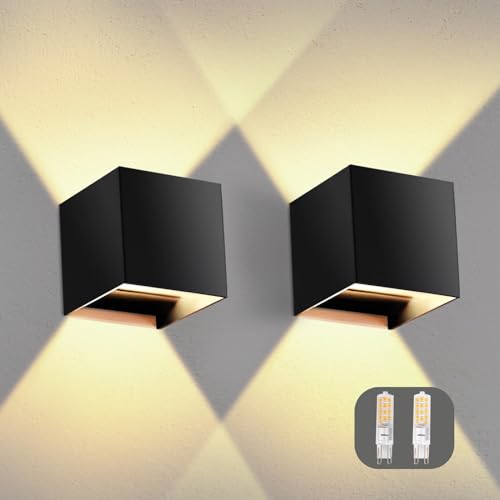 OOWOLF 2 Stücke LED Wandleuchte Innen/Außen, Modern Up Down Wandlampe Mit 2 Ersetzbaren G9 LED Birne, LED Außenwandleuchte IP65 Wasserdichte Aluminium Wandleuchte Warmweiß 3000K von OOWOLF