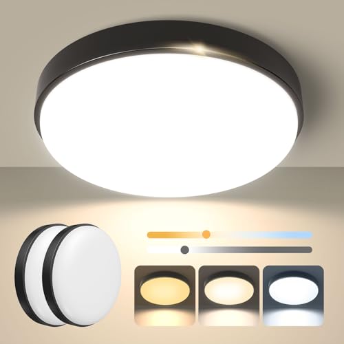 OOWOLF Metallisch Deckenlampe Led Lampe - 2 Pack 24W 23cm Dimmbar Flach Led Deckenleuchte 3000k/4000k/5000k Wohnzimmer Badezimmer Deckenlampe Küche für Flur Decke (Schwarz, 2 Pack) von OOWOLF