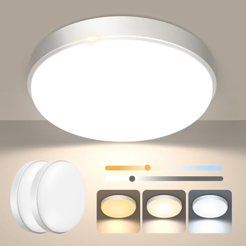 OOWOLF Metallisch Deckenlampe Led Lampe - 2 Pack 24W 23cm Dimmbar Flach Led Deckenleuchte 3000k/4000k/5000k Wohnzimmer Badezimmer Deckenlampe Küche für Flur Decke (Weiß, 2 Pack) von OOWOLF