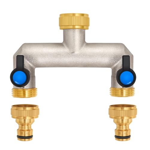 2-Wege Wasserhahn Wasserverteiler aus Messing für 2 Geräte/Gartenschläuche, 2er Verteiler 3/4" Adapter 1/2" mit Kugelhahn zum Einstellen und Absperren des Wasserflusses von OPERMAXER